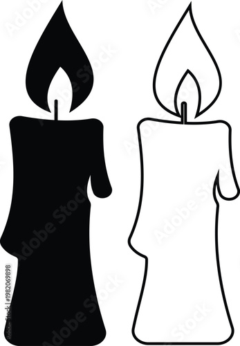 Candle flame icon set collection group, wax, light, fire, lantern, illumination symbols, decorative candles, burning wick shapes in flat and line style black vector illustration isolated