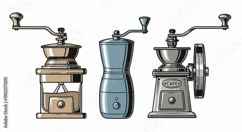 Three vintage manual coffee grinders displayed side by side on a white background