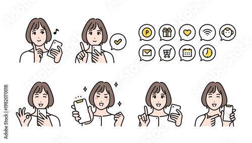 スマートフォンを持つ30代女性のポジティブな表情バリエーションセット