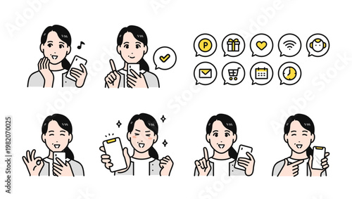 スマートフォンを持つ40代女性のポジティブな表情バリエーションセット