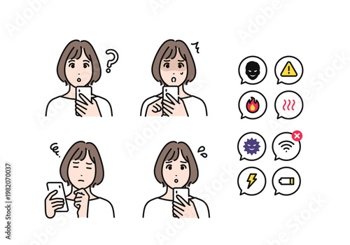 スマートフォンを持つ30代女性のネガティブな表情バリエーションセット