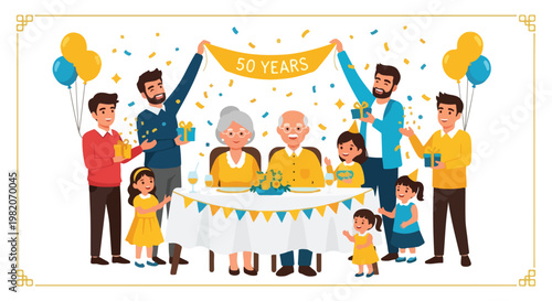 A multi-generational family celebrating a 50th wedding anniversary with gifts