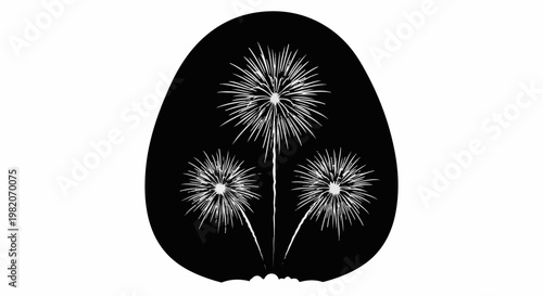 Three white fireworks burst on a black oval background