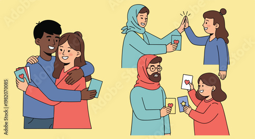 Diverse people sharing cards, giving high fives and hugging in a flat illustration