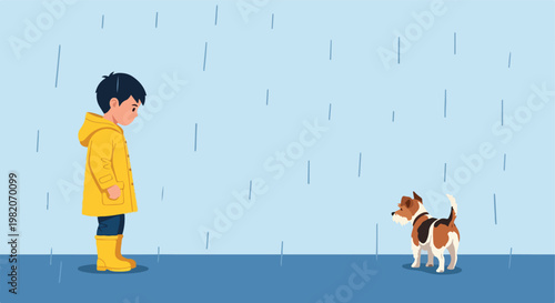 A boy in a yellow raincoat standing in the rain, looking at a small puppy dog