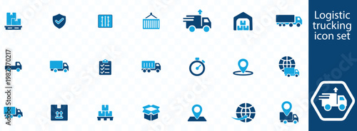 A collection of blue logistics trucking icons depicting various elements of transportation warehousing and delivery services high quality professional detailed modern elegant