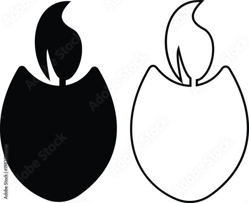 Candle flame icon set collection group, wax, light, fire, lantern, illumination symbols, decorative candles, burning wick shapes in flat and line style black vector illustration isolated