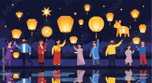 Diverse people carrying glowing lanterns in a night sky festival celebration scene