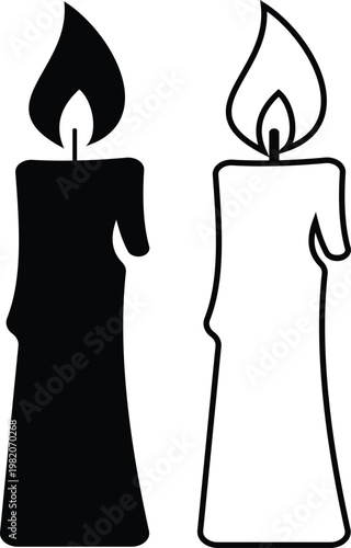 Candle flame icon set collection group, wax, light, fire, lantern, illumination symbols, decorative candles, burning wick shapes in flat and line style black vector illustration isolated