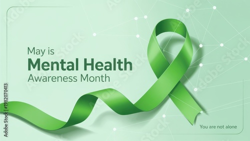 May Mental Health Awareness Month poster with green ribbon and network background