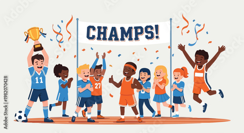 A group of children celebrating with a trophy in front of a champs banner