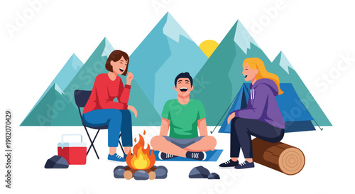 Three friends laughing and sitting together by a campfire in front of mountains