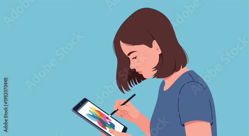 A young woman using a stylus to draw colorful abstract shapes on a tablet screen