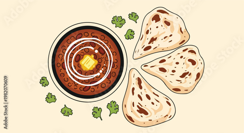 A top-down illustration of a bowl of dal makhani with naan bread and cilantro