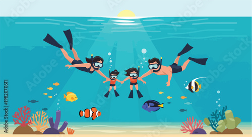 A family of four snorkeling together underwater with colorful tropical fish reefs