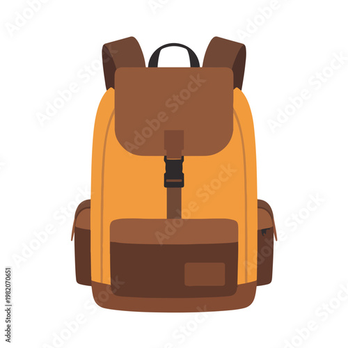 A vibrant yellow and brown backpack vector illustration with multiple pockets and compartments