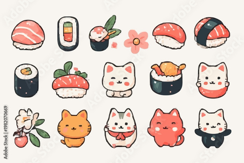 Set of kawaii Japanese icons, sushi, sakura, lucky cat, bold pastel colors, modern flat vector