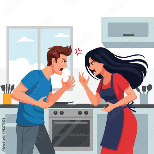 A man and woman shouting at each other during an angry argument in the kitchen