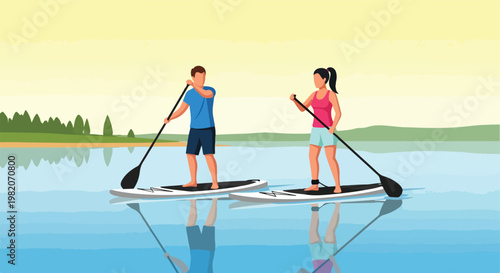 A man and a woman paddle boarding on a calm lake with trees in the background