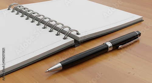 Open spiral notebook with blank white pages and black pen on wood desk