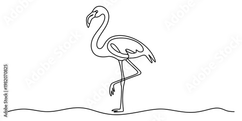 A minimalist single continuous line drawing of a majestic flamingo standing on one thin leg. Vector, illustration