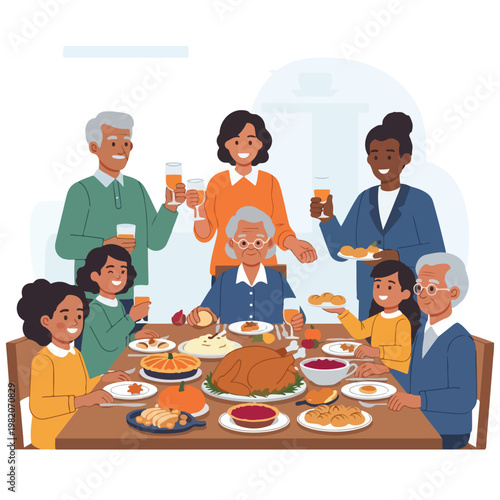 A diverse family of multiple generations gathers together for a festive dinner