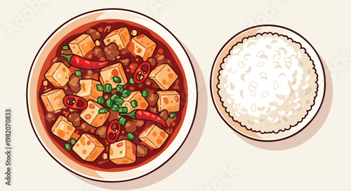 Illustration of spicy mapo tofu with minced meat served alongside steamed white rice