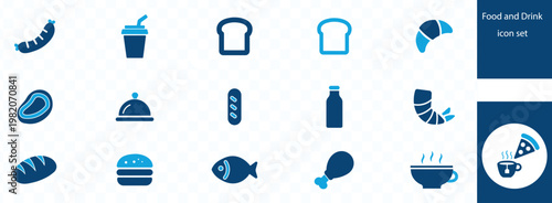 A collection of blue food and drink icons including sausage bread croissant burger and beverage depictions high quality professional detailed modern elegant