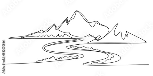 A minimalist single line drawing of a winding road leading towards beautiful mountain peaks scene Vector, illustration