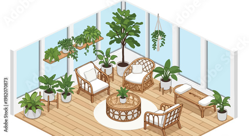 Isometric illustration of a sunroom filled with various green potted houseplants