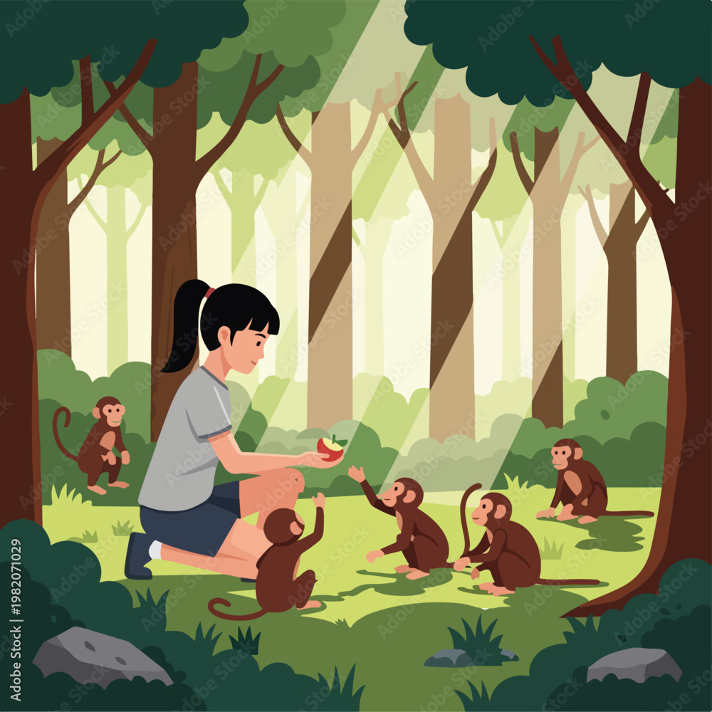 Fototapeta premium A young woman feeds a fresh apple to cute monkeys in a bright, sunlit forest