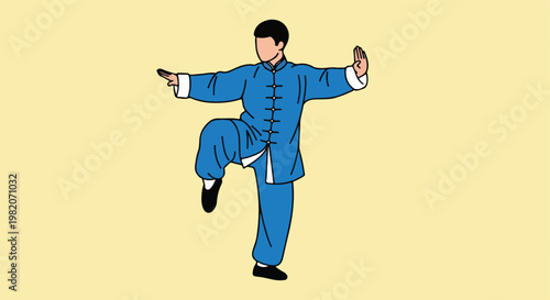 A man in a blue martial arts uniform performs a balancing tai chi pose isolated