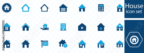 A collection of blue house icons in various styles representing different aspects of housing and real estate high quality professional detailed modern