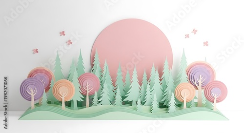 Paper Art Forest Landscape with Mushrooms.
