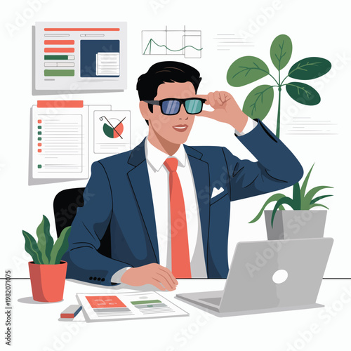 A cartoon businessman wearing glasses and sitting at a desk with a laptop and plants