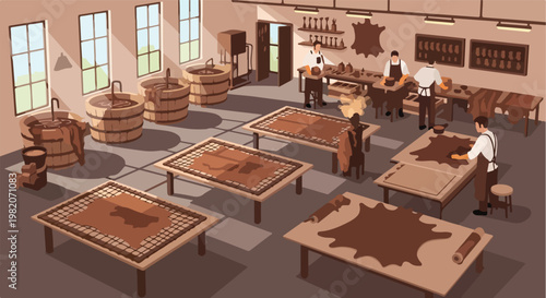 Workers process raw hides on tables and in barrels inside a tanning workshop