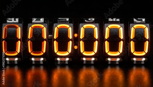 Six illuminated digital number displays show all zeros against a dark background with reflections