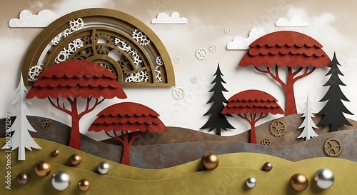 Paper Cut Art Forest Landscape Scene.