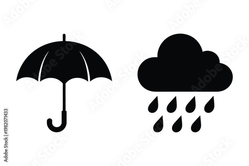 Umbrella and rain cloud icons indicating weather and precipitation with umbrella