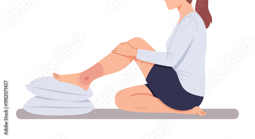 A woman sitting on the floor resting her injured swollen leg on two soft pillows