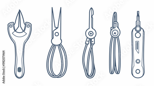 Simple outline illustration of specialized hand tools, arranged in a line
