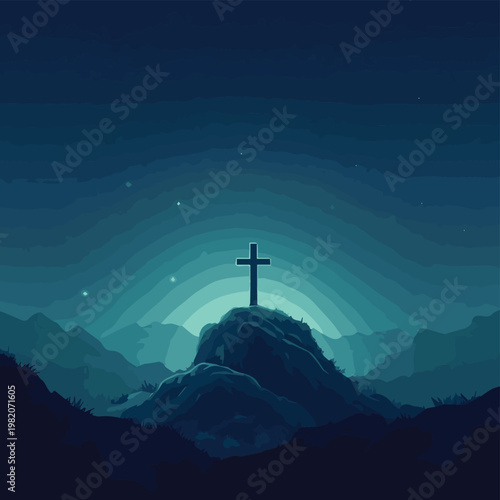 A serene night sky with stars shines over a mountaintop cross, symbolizing hope and faith in nature.