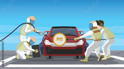 Concept illustrates a high performance pit crew working in perfect synchronization to service a race car. It embodies the essence of teamwork speed and precision required to achieve a common goal.