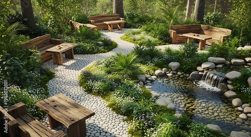Peaceful garden park with wooden benches and small waterfall pond area
