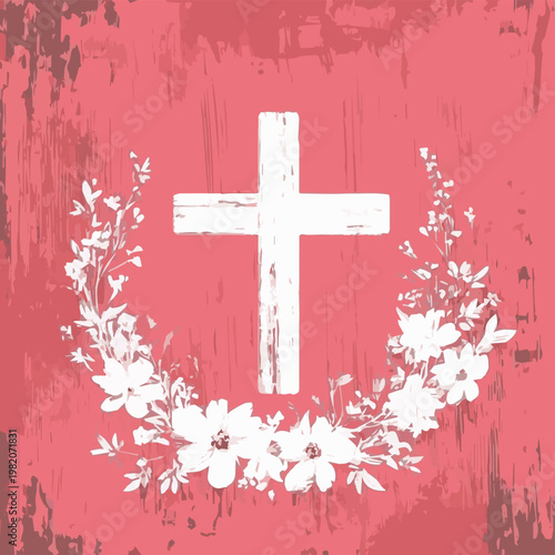 A rustic wooden cross surrounded by delicate white flowers on a textured pink background, symbolizing faith.