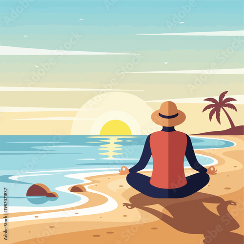 Person wearing a sun hat sitting in a lotus pose on a beach at a calm sunset