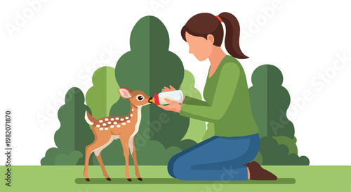 A girl kneeling in a forest park, feeding a small spotted fawn with a bottle