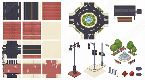 Vector city planning kit with top down and isometric view elements like road intersections bike lanes roundabouts park fountains street lights traffic signals and urban furniture
