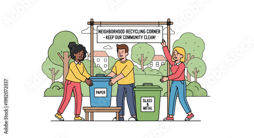 A diverse group of young people sorting waste at a neighborhood recycling center