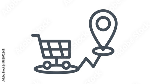 Shopping cart and location pin map marker icon vector illustration, store locator symbol for retail business, local shop finder graphic, delivery tracking and e-commerce logistics concept.